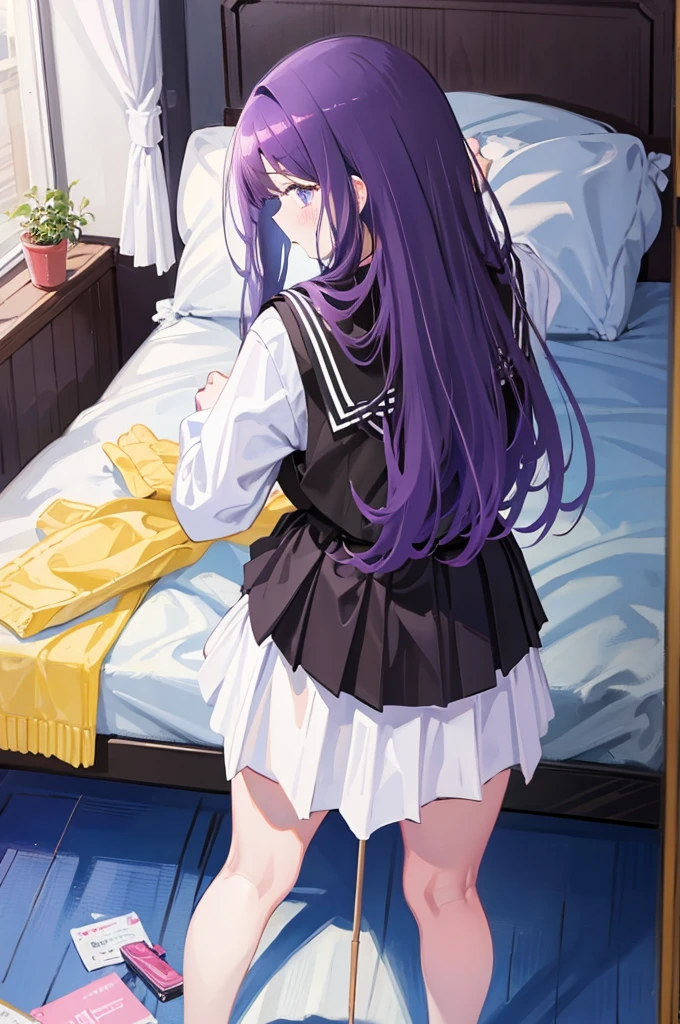 Purple Skirt、Black school uniform、Turning around、look back、８K,Masterpiece、Light purple hair、Semi-long hair、、Japanese 、、、Lift up your skirt、On all fours、Showing panties、Stick your butt out、Turn your ass towards me、Blushing、、Showing panties、Pull up your skirt、Blushing、Bedroom
