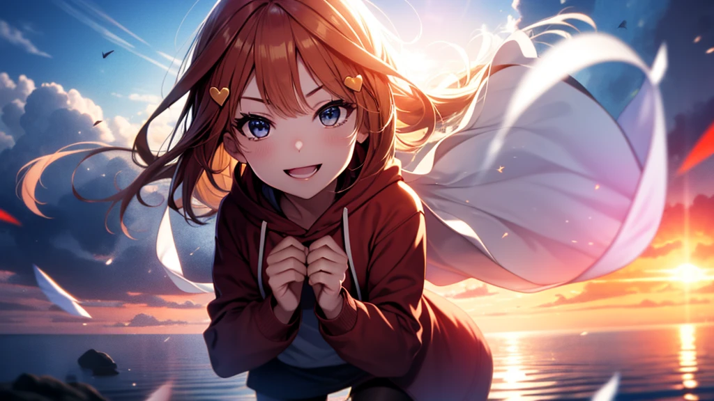 itsukinakano, Itsuki Nakano, bangs, Ahoge, Redhead, star \(symbol\), Smiling Kindly,hair ornaments, happy smile, smile, Open your mouth,Short braided hair,red oversized hoodie,Shorts,White Pantyhose,High-top sneakers,(LOL:1.1), (Open your mouth:1.1), Sun glare, Bokeh, Written boundary depth, Blurred Background, Particles of light, Strong winds, (Heart Particles:1.1), Highly detailed face, Perfect lighting, Highly detailed CG, (Perfect hands, Perfect Anatomy)
