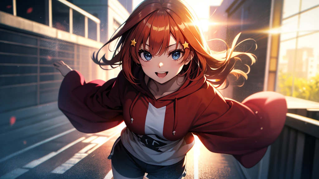 itsukinakano, Itsuki Nakano, bangs, Ahoge, Redhead, star \(symbol\), Smiling Kindly,hair ornaments, happy smile, smile, Open your mouth,Short braided hair,red oversized hoodie,Shorts,White hose,High-top sneakers,(LOL:1.1), (Open your mouth:1.1), Sun glare, Bokeh, Written boundary depth, Blurred Background, Particles of light, Strong winds, (Heart Particles:1.1), Highly detailed face, Perfect lighting, Highly detailed CG, (Perfect hands, Perfect Anatomy)
