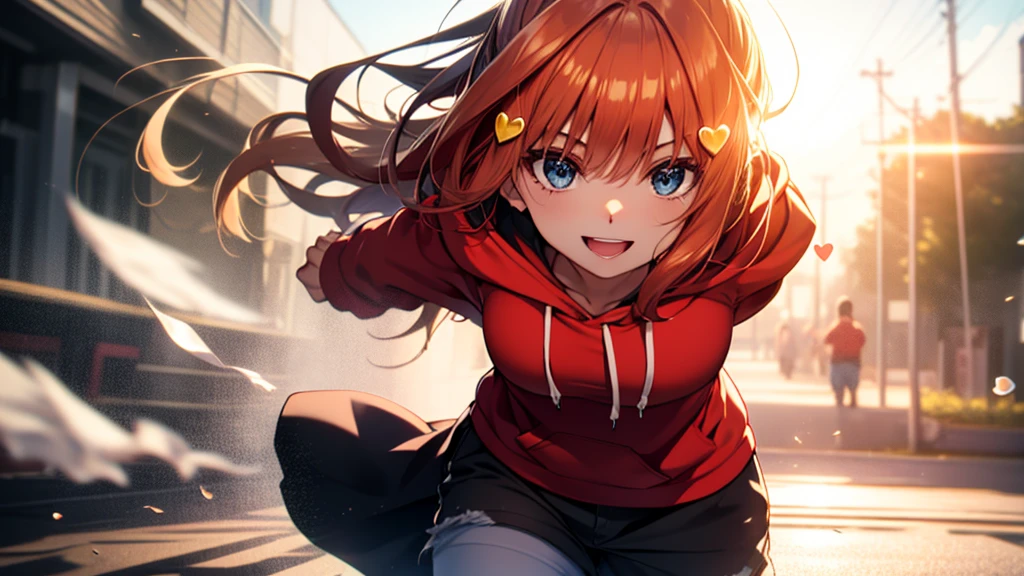 itsukinakano, Itsuki Nakano, bangs, Ahoge, Redhead, star \(symbol\), Smiling Kindly,hair ornaments, happy smile, smile, Open your mouth,Short braided hair,red oversized hoodie,Shorts,White Pantyhose,High-top sneakers,(LOL:1.1), (Open your mouth:1.1), Sun glare, Bokeh, Written boundary depth, Blurred Background, Particles of light, Strong winds, (Heart Particles:1.1), Highly detailed face, Perfect lighting, Highly detailed CG, (Perfect hands, Perfect Anatomy)