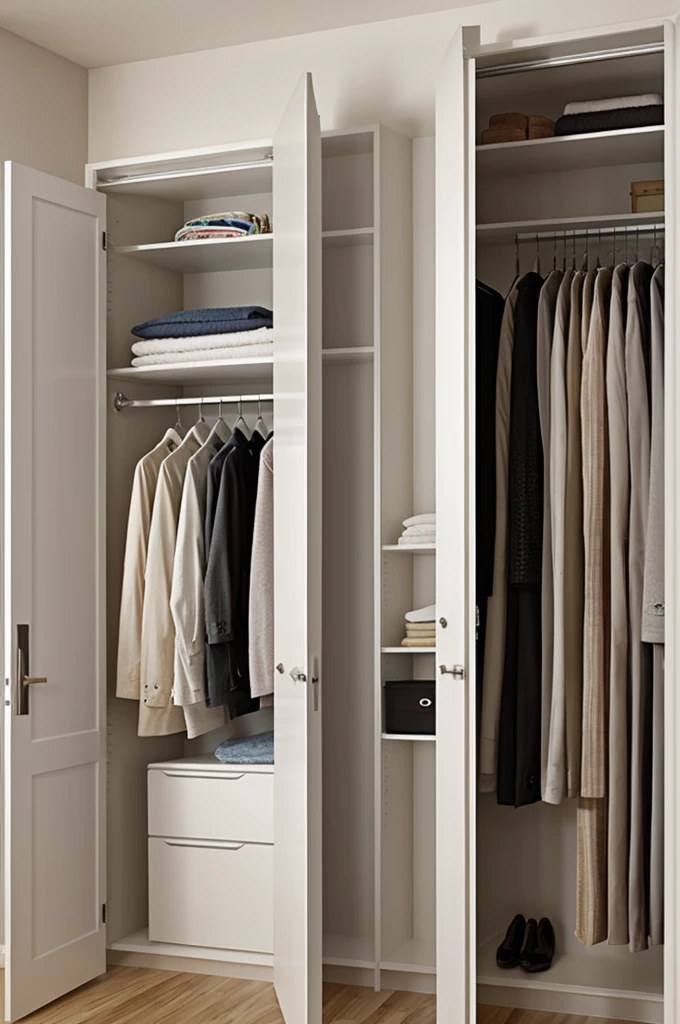 A closet without doors with space for a small refrigerator and a space for ironing clothes