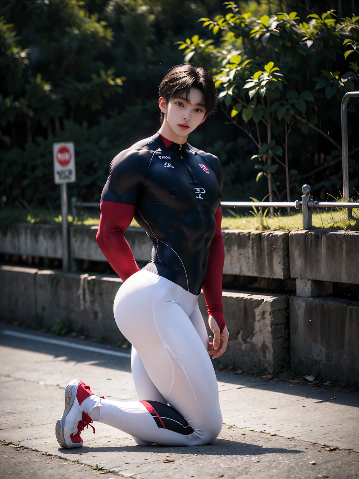 masterpiece,best quality, (A 16-year-old tall boy with a well-developed physique:1.2), (Kneeling upright on the roadside of the campus:1.2),(White tight cycling suit),Broad shoulders,Muscular shoulders,(Extremely strong body),Attractive and fit body,Inverted triangle figure,Biceps,Highlight muscle texture,Front view, Muscular body,Small head,Handsome and cute face,V-Shaped Face,Perfectly detailed facial features,sports shoes,Looking at the camera,Innocent expression,leaning back,head tilt, happy, very short hair, brown hair,(looking at viewer:1.2),Wide-angle lens