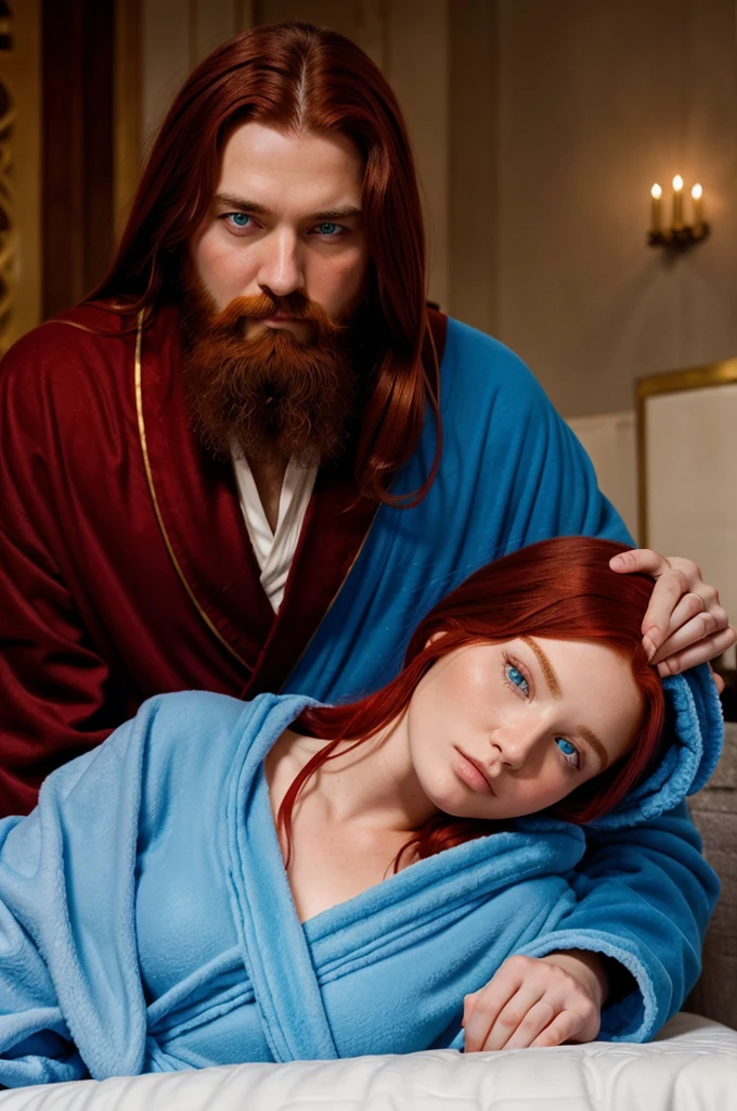 A young, red haired woman with blue eyes, dressed in a bathrobe; she is sitting on a mattress beside a bearded Orthodox priest; the priest is touching  her shoulder,  her eyes focused at you.