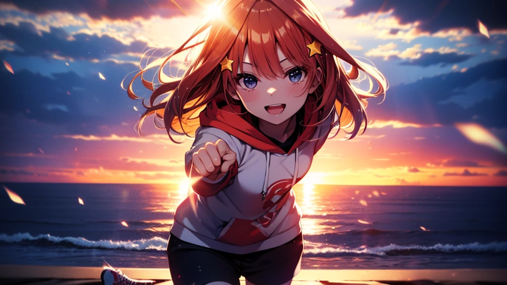 itsukinakano, Itsuki Nakano, bangs, Ahoge, Redhead, star \(symbol\), Smiling Kindly,hair ornaments, happy smile, smile, Open your mouth,Short braided hair,red oversized hoodie,Shorts,White Pantyhose,High-top sneakers,(LOL:1.1), (Open your mouth:1.1), Sun glare, Bokeh, Written boundary depth, Blurred Background, Particles of light, Strong winds, (Heart Particles:1.1), Highly detailed face, Perfect lighting, Highly detailed CG, (Perfect hands, Perfect Anatomy)