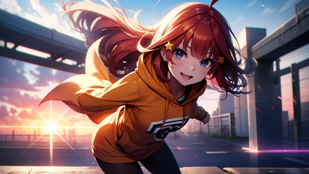 itsukinakano, Itsuki Nakano, bangs, Ahoge, Redhead, star \(symbol\), Smiling Kindly,hair ornaments, happy smile, smile, Open your mouth,Short braided hair,red oversized hoodie,Shorts,White Pantyhose,High-top sneakers,(LOL:1.1), (Open your mouth:1.1), Sun glare, Bokeh, Written boundary depth, Blurred Background, Particles of light, Strong winds, (Heart Particles:1.1), Highly detailed face, Perfect lighting, Highly detailed CG, (Perfect hands, Perfect Anatomy)