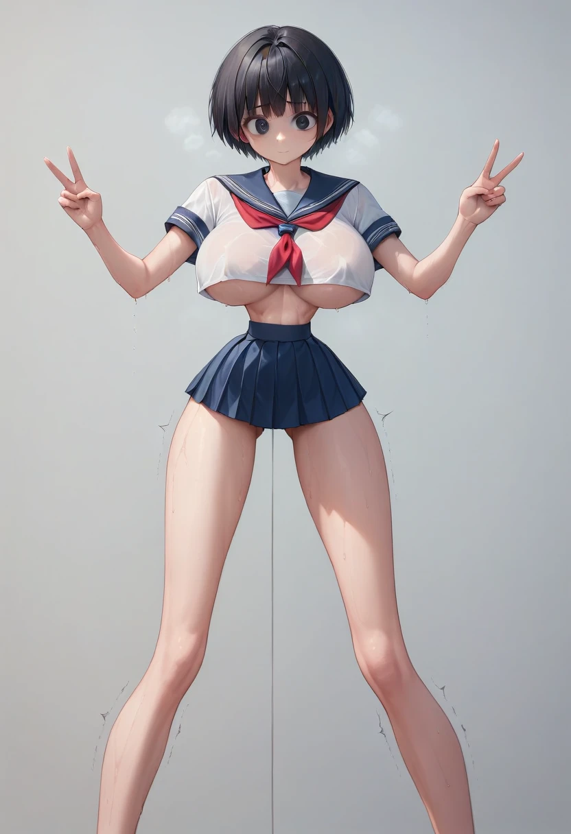 (masterpiece, best quality:1.2), Shader, High contrast, behind shot, 1girl, kawaii, (super big breasts, micro waist, very long legs:1.4), Firm , Black hair, short bob hair, short height, scrawny and thin body, Light Skin, cute big eyes, cute beautiful thin face, serafuku, pigeon-toed, wet and sweaty, visible ribs, (milking:1.5), she V sign, Trembling