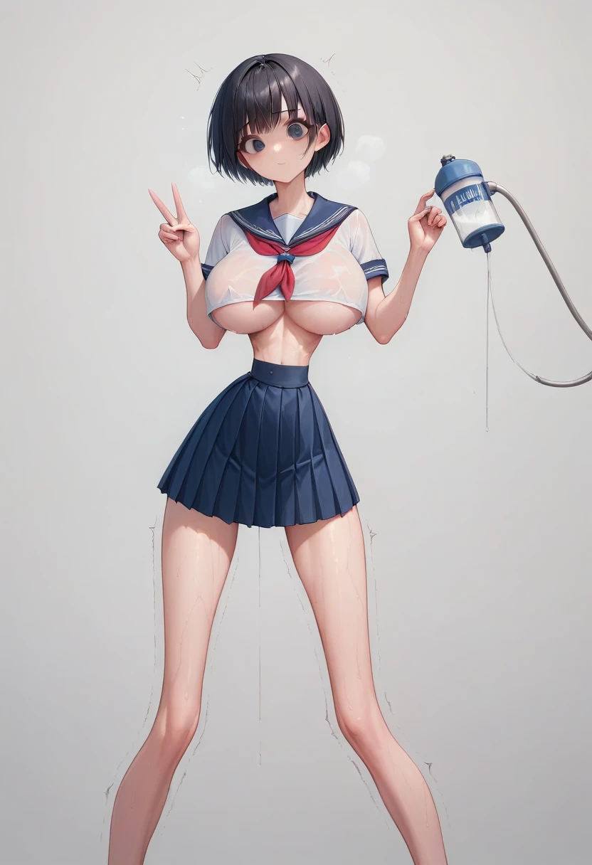 (masterpiece, best quality:1.2), Shader, High contrast, behind shot, 1girl, kawaii, (super big breasts, micro waist, very long legs:1.4), Firm , Black hair, short bob hair, short height, scrawny and thin body, Light Skin, cute big eyes, cute beautiful thin face, serafuku, pigeon-toed, wet and sweaty, visible ribs, (milking:1.5), she V sign, Trembling