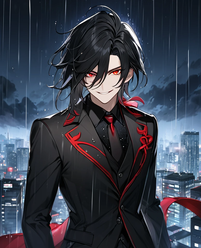  (black_hair), (red_Blood_eyes), (detailed_eyes), (crazy_smile), (attractive), (night_city_background), (raining), (glowing_eyes), (male), (wearing _a_black_suit), (long_male_hair), (detailed_Hair), (detailed), (detailed_mouth), (broad_shpulders), wears a black top hat with a red ribbon edged trim,
