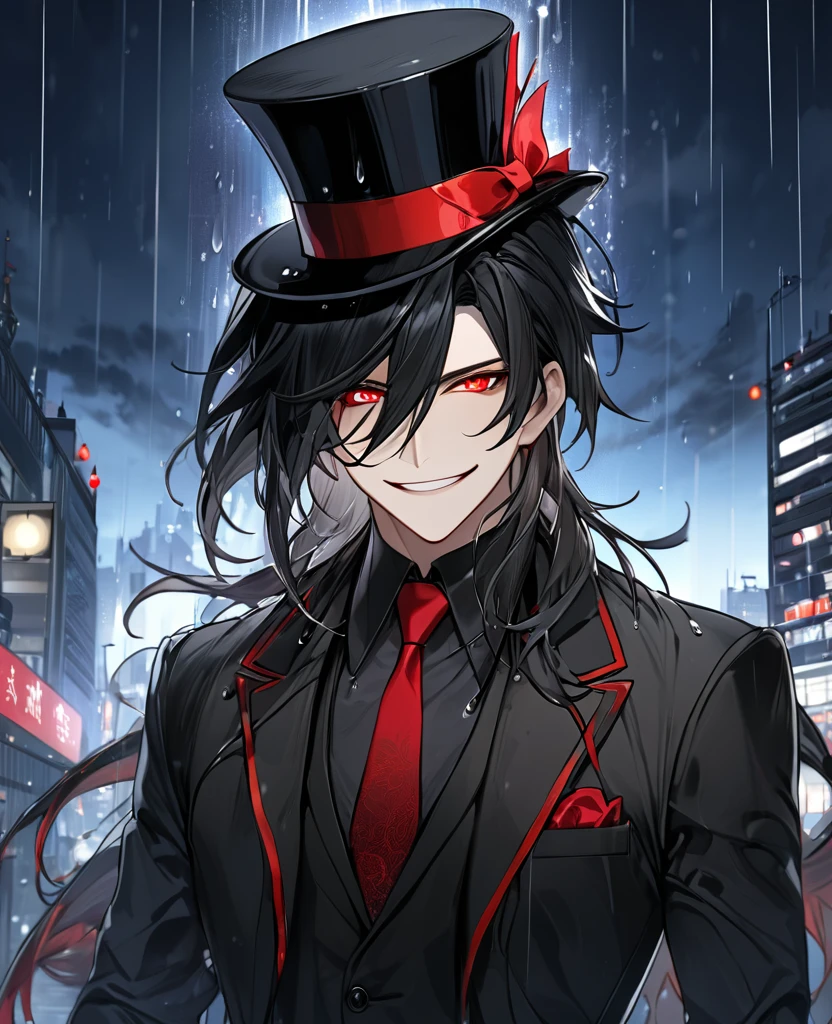  (black_hair), (red_Blood_eyes), (detailed_eyes), (crazy_smile), (attractive), (night_city_background), (raining), (glowing_eyes), (male), (wearing _a_black_suit), (long_male_hair), (detailed_Hair), (detailed), (detailed_mouth), (broad_shpulders), wears a black top hat with a red ribbon edged trim,