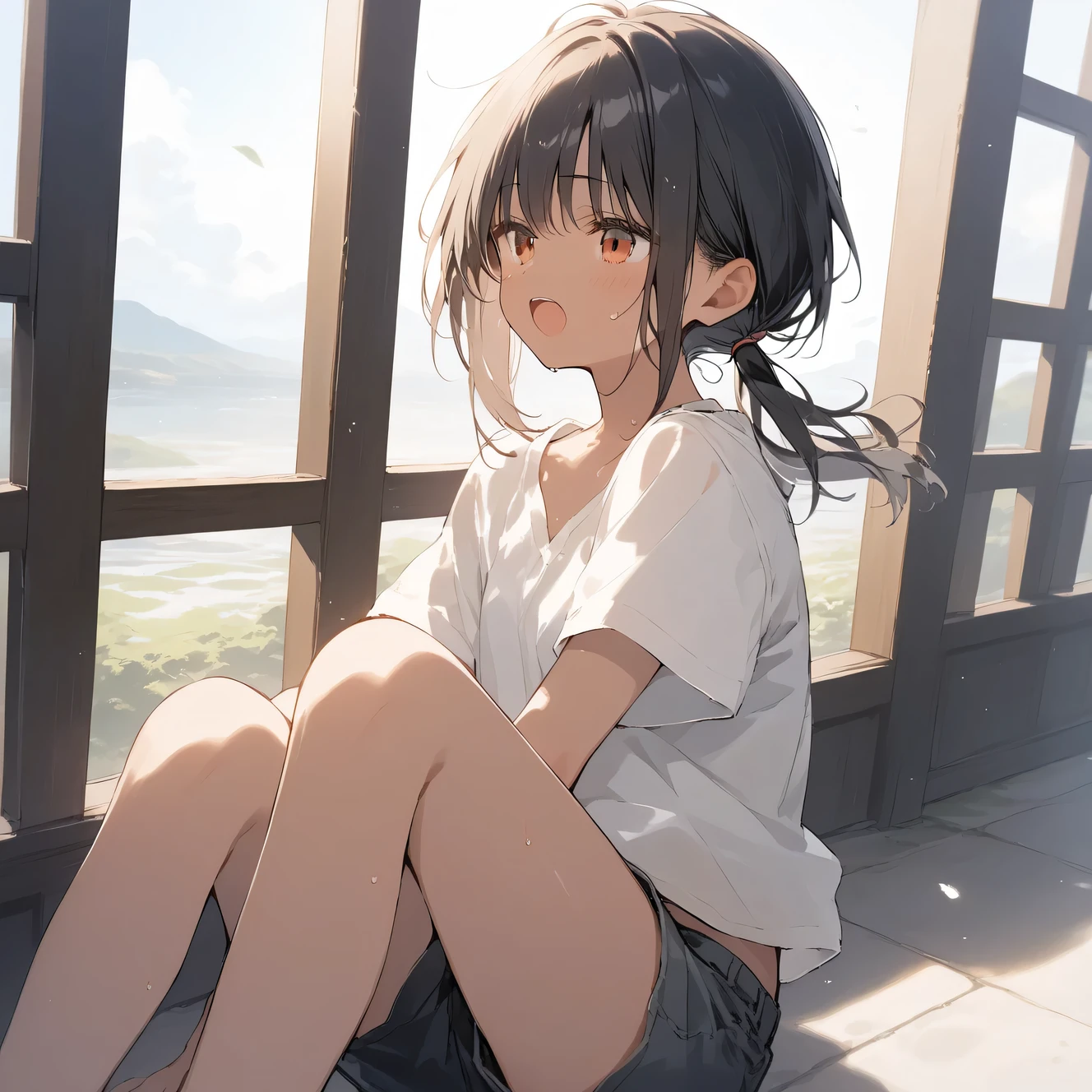 score_9, score_8_up, score_7_up, source_anime, best quality, masterpiece, official art, absurdres, highres, ultra-detailed,waifu2x,Collection: Slice of Life,break,1girl, tomboy, dark-skinned female, short hair, low ponytail, flat chest, beautiful detailed eyes, short shorts, sweat, open mouth, (yawn:0.3), sleepily, outdoors, wind, break,(clear line illustration:1.2),very high resolution, very aesthetic, super detailed skin, Best sexual lighting powered by famous artist, 8k,cute picture,beauty illustration,photoshop_(medium),,(Detailed Lighting),best anime 8k konachan wallpaper, pixiv contest winner, 