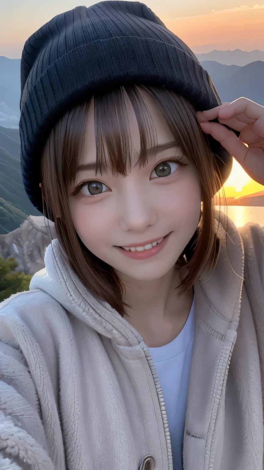 closeup shot , Best picture quality (8K, high resolution, Masterpiece: 1.2), super detailed,  215 Short Hair, 16-year-old woman, 

situation: Greeting the sunrise at the summit、Scenes enjoying the spectacular view。
clothing: Hiking Wear（Fleece jacket、Trekking pants、Trekking shoes）、Beanies and caps。
angle: Panoramic view from the summit、A wide angle shot of people waiting for the sunrise。Close-up of the moment the sun rises、Capture faces gazing at the sunrise and expressions of joy on the mountaintop。Emphasizing the grandeur of nature and the sense of accomplishment of mountain climbing。。

Close-up of face 

, random cute pose ,big eyes ,Puffy eyes ,  Heart Pupil, blush  , huge shy smile , salute


