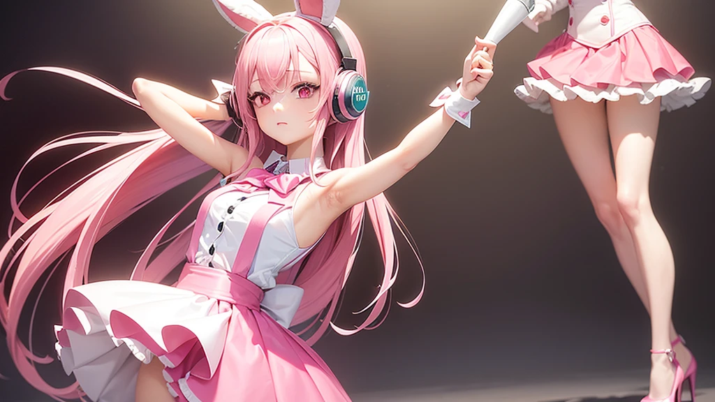 A woman with pink hair, long flowing hair, a mannequin figure, has rabbit bow robot headphones and pink eyes, has a cute face, wears a white sleeveless shirt with a pink skirt attached. There's a pink tie. Wear white gloves, pink cuffs, and pink high heels. Standing and posing like an idol