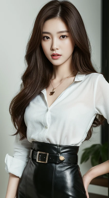 (Best quality, High resolution, Masterpiece :1.3), A tall and pretty woman, Slender abs, Dark brown hair styled in loose waves, Breasts, Wearing pendant, White button up shirt, Belt, Black skirt, (Modern architecture in background), Details exquisitely rendered in the face and skin texture, Detailed eyes, Double eyelid. Cinematic Photo of a beautiful korean fashion model. Ultra textured leather. Ultra realistic 8k. The face and body looks directly into the cfmera. shot on Cinestill 800 T. Sharp focus jn sabject