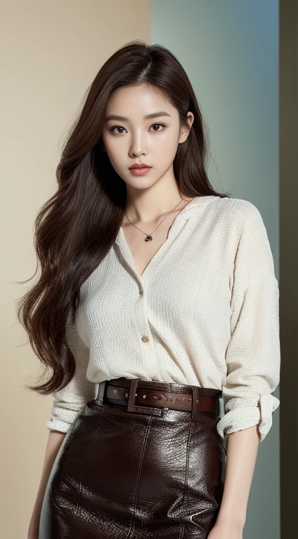 (Best quality, High resolution, Masterpiece :1.3), A tall and pretty woman, Slender abs, Dark brown hair styled in loose waves, Breasts, Wearing pendant, White button up shirt, Belt, Black skirt, (Modern architecture in background), Details exquisitely rendered in the face and skin texture, Detailed eyes, Double eyelid. Cinematic Photo of a beautiful korean fashion model. Ultra textured leather. Ultra realistic 8k. The face and body looks directly into the cfmera. shot on Cinestill 800 T. Sharp focus jn sabject