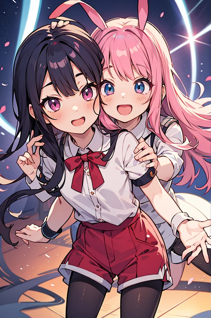 Anime style,shota,pink long hair,hot pants,long pantyhose,beaming face,