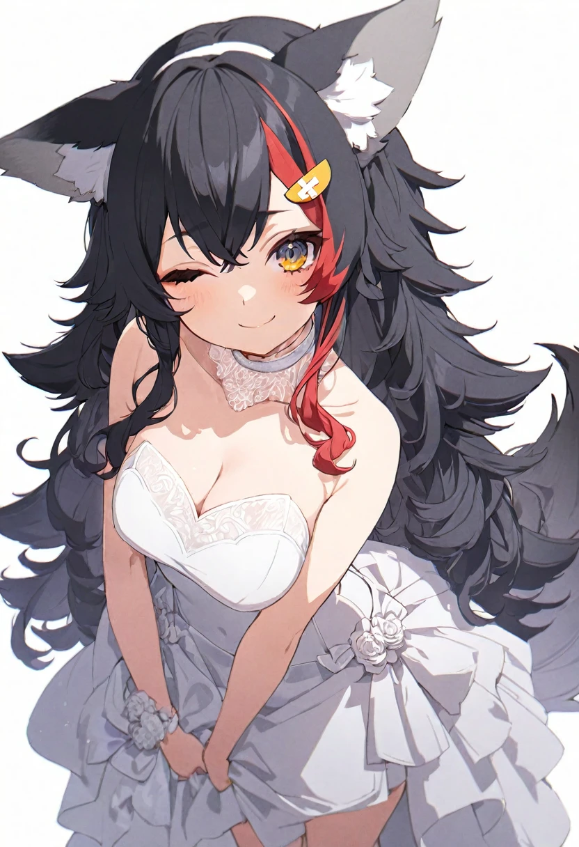(muste piece), (best quality), very detailed eyes, expressive eyes, perfect face, very detailed face, highly detailed face, beautiful girl, (solo full body shot:1.3), 8K, beautiful girl, white background background, delicate and beautiful face and eyes, dark intense shadow,
1 girl, vtuber style, cool girl, hololive, Ookami Mio, black hair, streaked hair, wolf ears, wolf tail, Wedding dress, big chest, cropped shoulders, clavicle, one eye close winking, sexy winking, smile, body visible through clothes, chest visible through clothes, (full body), looking at viewer, standing,