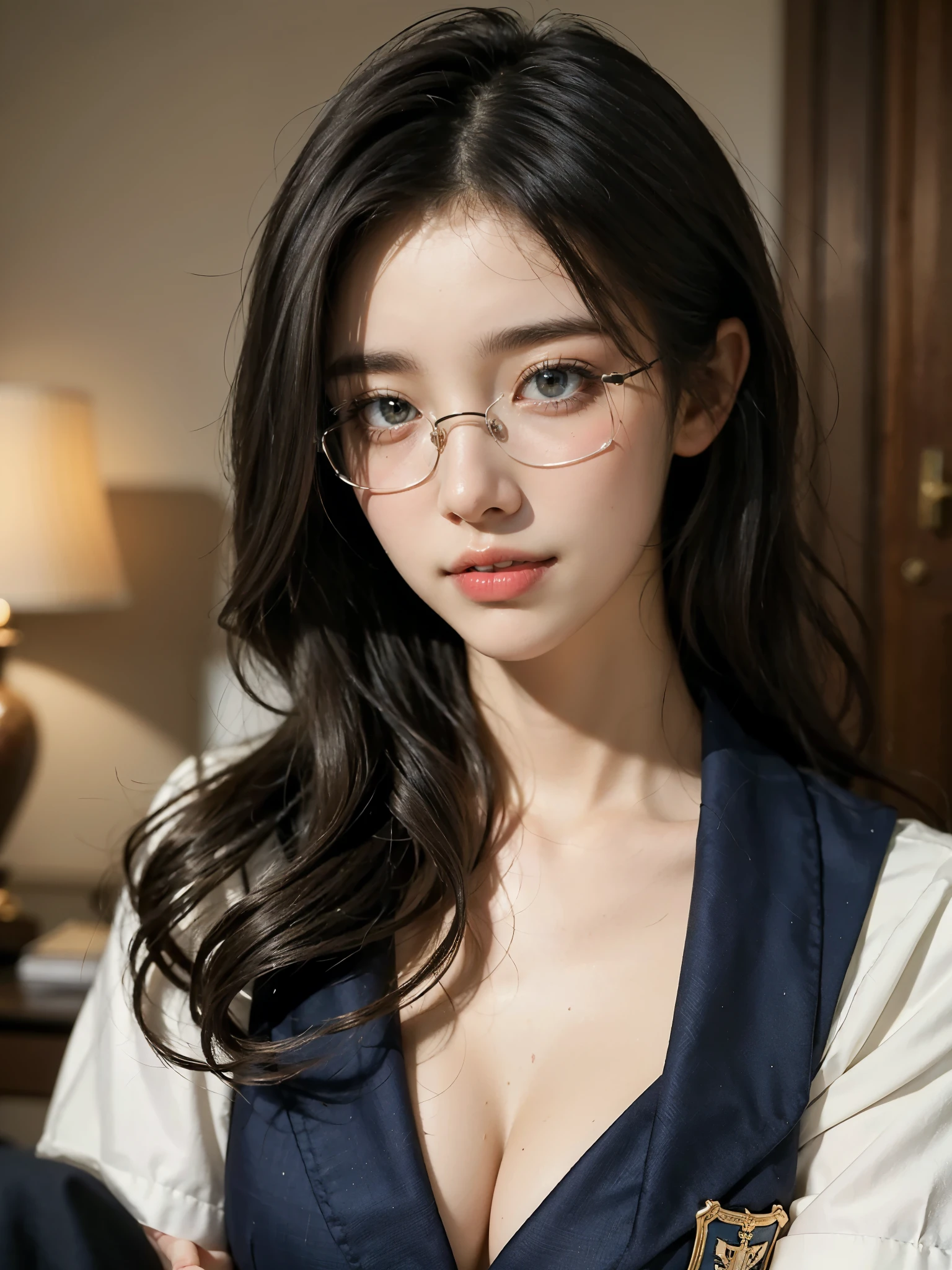 (best quality, masterpiece:1.3), (actual, photo actual:1.3), ultra high resolution, ultra high definition, Extremely detailed CG unified 8k wallpaper, sharp focus, Ridiculous, (actual skin, Delicate skin), (perfect ???????), glossy lips, rest (cute face), (official art, Beautiful and beautiful), (1 girl), (Sweet smile), (happy), alone, Permanently installed, depth of field,hotel room,(((medium breasts))), (((shcool uniform without cleavage ))), hips up, medium hair, 18 years old korea woman, no make-up, wears glasses ((no shadow)), sexy pose, blue eyes