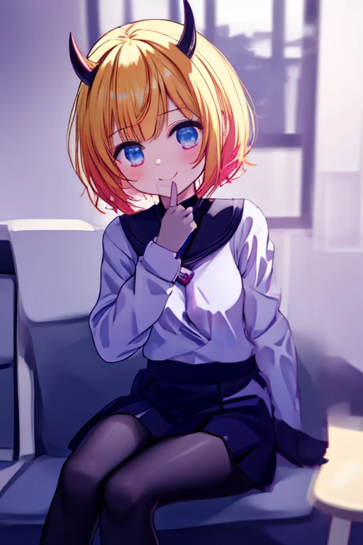 (masterpiece, best quality)),a girl, solo, skirt, window, sitting, pantyhose, serafuku, cloud,black gloves, neckerchief ,day, bangs, fence, shirt, ahoge, white pantyhose, , white sailor collar, sailor collar, blue skirt, red neckerchief, long sleeves, blue shirt, looking at viewer, smile, chain-link fence, pleated skirt, fashionable, woman, vibrant, outfit, posing, front, colorful, dynamic, background, elements, confident, expression, holding, statement, accessory, majestic, coiled, around, touch, scene, attention-grabbing, stylish, headline, larger, striking, modern, trendy, focus, fashion, indoors, welcoming, scene of woman greets at the door, memcho, small horn