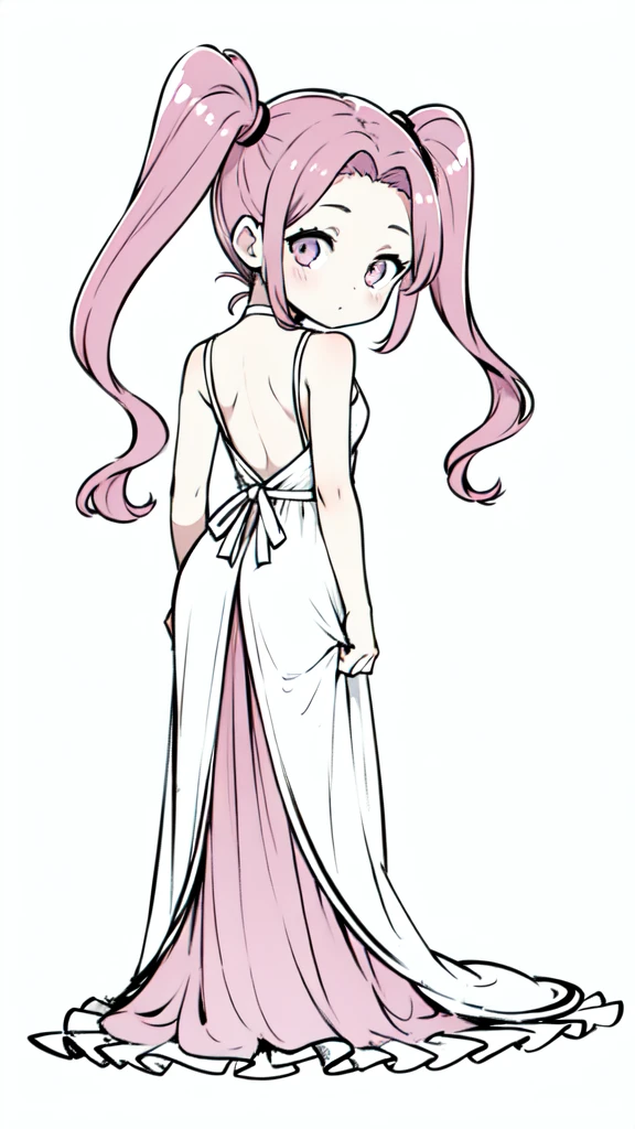 (1girl,,solo),pink hair,long hair,twintail,(medusa hair),simple white dress,sleeveless,(white background,line drawing),backside,(head up)