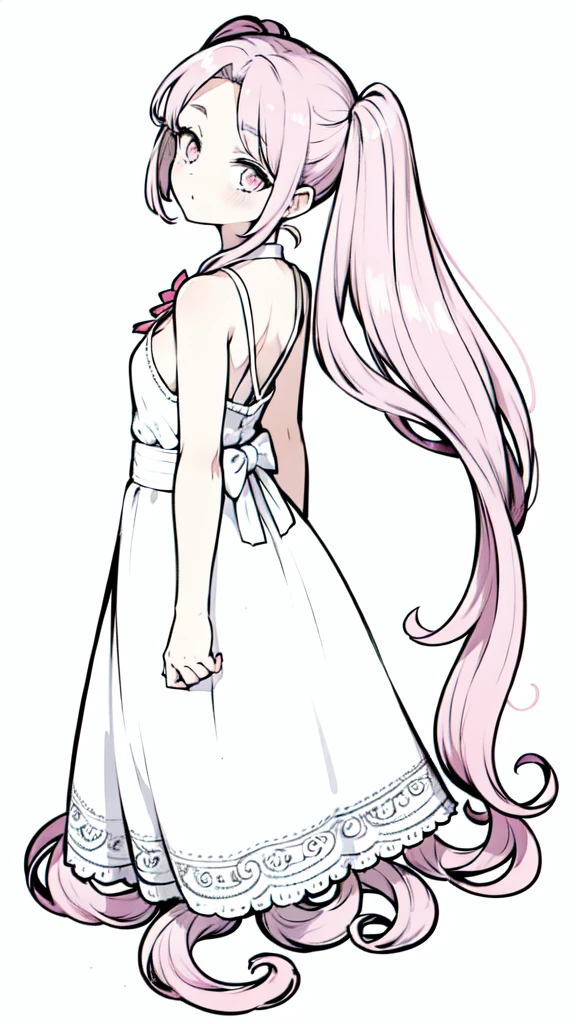 (1girl,,solo),pink hair,long hair,twintail,(medusa hair),simple white dress,sleeveless,(white background,line drawing),backside,(head up)