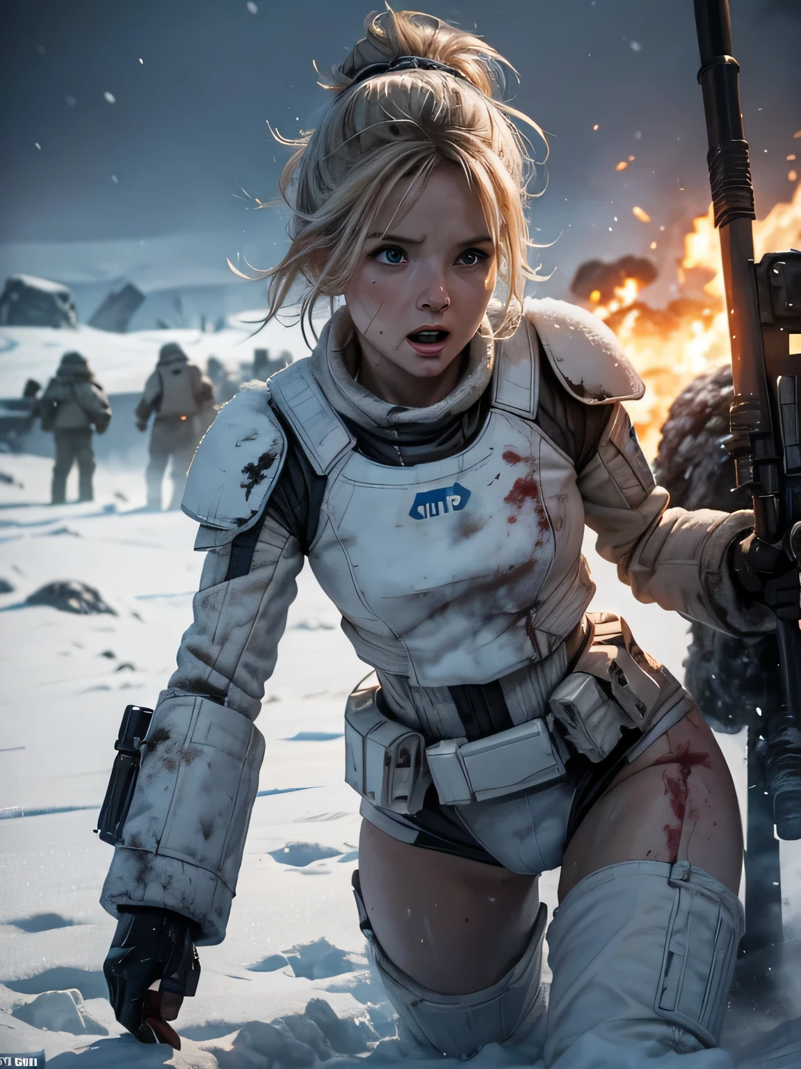 Helen Skelton, Star Wars, close-up action shot from ground level, naked Clone Trooper on Geonosis, naked, swearing, sweating, damp hair, bloodied, on a bloody battlefield, snow, explosion, fires