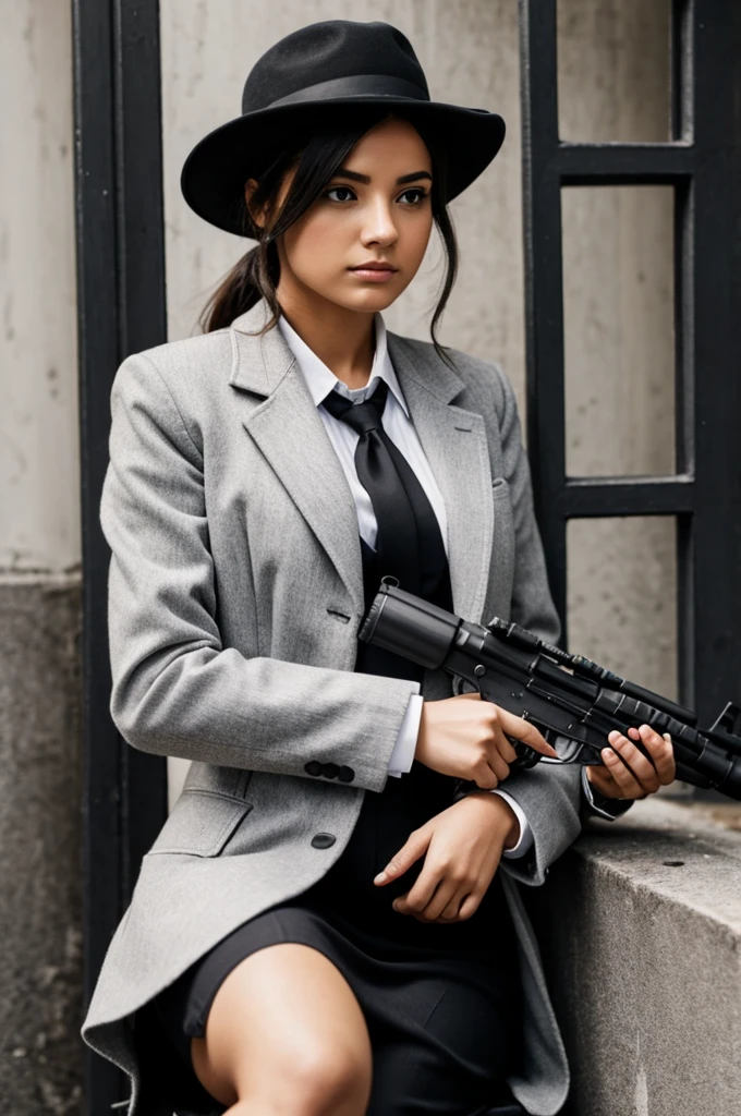 A girl sitting in grey and white clothes holding a gun mafia american