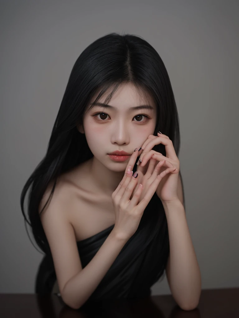 Asian girl, slanted gray eyes, long silky hair, delicate hands and long nails