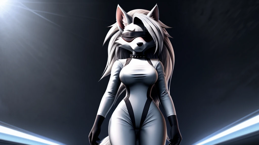 Loona from Helluva Boss, female white wolf, anthro, mature adult, short fluffy white hair, blindfold, white bodysuit, standing, serious, extremely detailed, solo, beautiful, front view, high quality, 4K