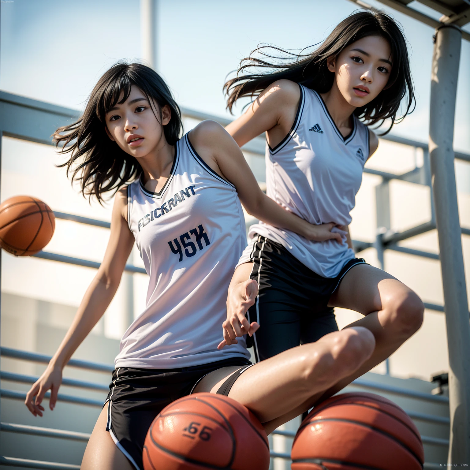 (8k, best quality, masterpiece:1.2), (realistic, photo-realistic:1.37), ultra-detailed,best quality, ultra high res, professional lighting, photon mapping, radiosity, physically-based rendering, cinematic lighting, basketball court,depth of field, sharp focus,sunbeam, good composition,(bokeh:1.2) 1girl,solo,(full body), (closed mouth),beautiful detailed eyes, pose, narrow waist,basketball uniform, black hair,messy hair,long hair floating in wind,(ulzzang-6500:1.2)
 mix4, hiqcgbody