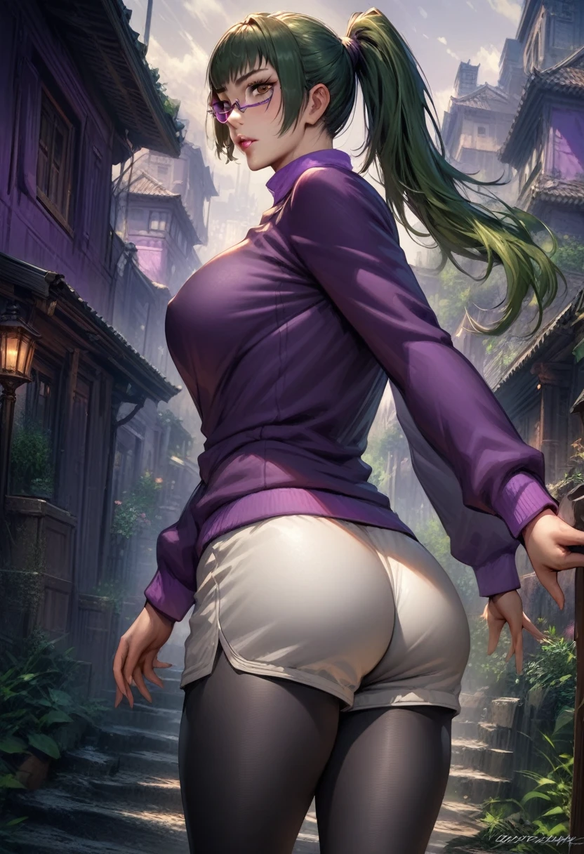 (masterpiece, finely detailed beautiful eyes : 1.2), hdr, realistic, high resolution, (best quality, masterpiece:1.2), ultra detailed, (anime), 1girl, maki exp, green hair, ponytail, long hair, brown eyes, purple glasses, side locks, large breasts, lips, purple jacket, long sleeves, white shorts, leggings, leggings under shorts, standing, (looking at viewer), (front view),
