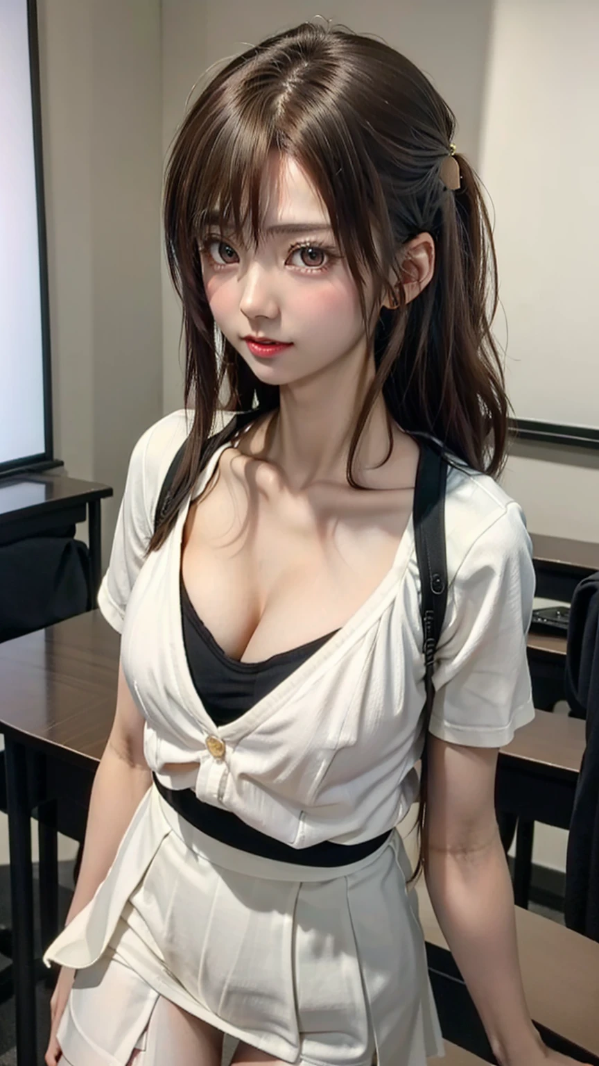8K quality、High resolution、Beautiful fair skin texture、High resolutionの瞳、Japanese high school girls、Summer uniform、Open-neck short-sleeved white shirt、Cleavage、mini skirt、Brown Princess Hair、、Small breasts、Sweat accumulates in the chest、classroom、open mouse、Slim body、