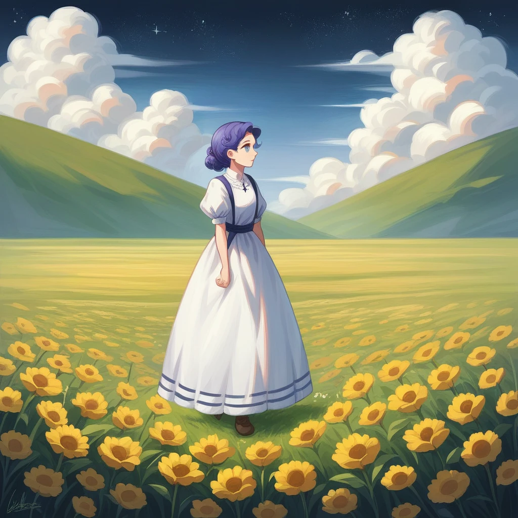 There is a girl standing in a flower field looking up at the sky, a girl standing in a flower field, a girl walking in a flower field, lost in a dreamy wonderland, standing in a flower field, fantastic digital painting, the sky gradually clears, the starry sky gradually recedes