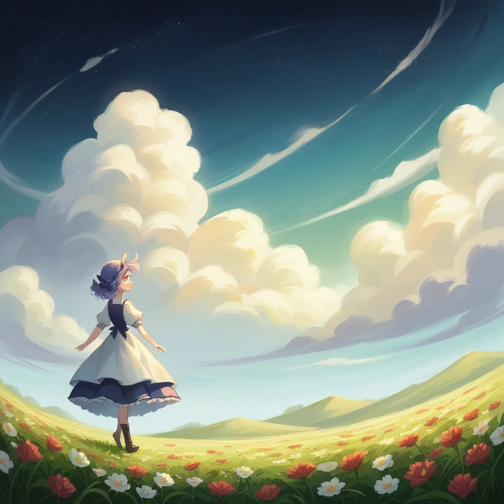 There is a girl standing in a flower field looking up at the sky, a girl standing in a flower field, a girl walking in a flower field, lost in a dreamy wonderland, standing in a flower field, fantastic digital painting, the sky gradually clears, the starry sky gradually recedes  