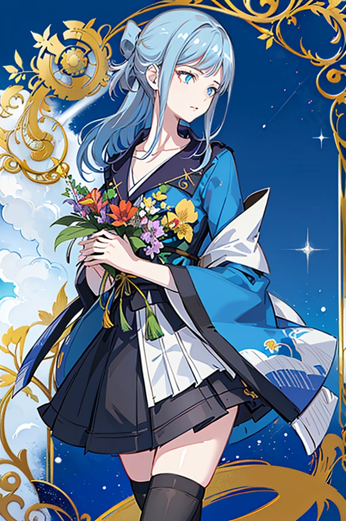 1girl, solo, outdoors, long hair, holy place, Original,(Illustration:1.1),(Best Quality),(masutepiece:1.1),(the Extremely Detailed CG Unity 8K Wallpapers:1.1), (Colorful:0.9),(mid-shot:0.95),(extremely detailed beautiful face),(Solo:1.2), (girl),(((Lori))), (Detailed beautiful eyes:1.15), (Beautiful face:1.15), (Glowing blue eyes:1.25////),(((sky blue Long Hair))),(two side up),(+perfect hand+:1.21),(Draw illustration of Japan priestess costume),(slender),(White pleated skirt),(Gothic),((black thighhighs)),(frilld),(Beautiful Slender Lolita Girl),hallowween,standing, girl,, girl,foggy place,vampire,sky blue hair,full body,whole body,