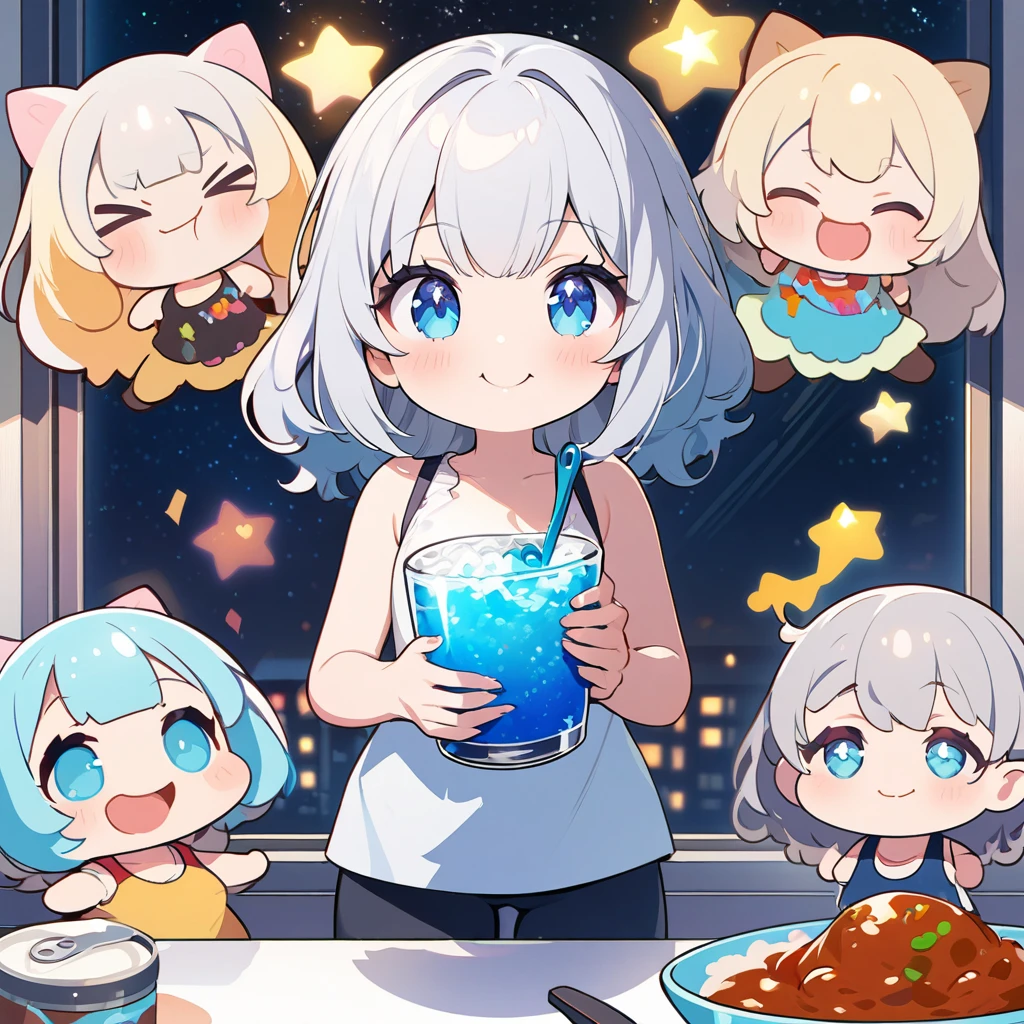masterpiece、Highest quality、Depth of subject、2D illustration、1 beautiful girl、独奏, (((chibi style)))、((night)), ((window)), ((starry sky)), Long, beautiful hair、Shiny silver hair、cute、Beautifully detailed eyes、((Tank top))、a glass of blue soda, ((colorful))、mini skirt、((happy smile))、((Canned Chuhai)), ((close up shot))、((eating curry)), ((in the room))、((There's a lot of pink around))、Thighs、((vivid color))、sparkle、((Lens flare))、