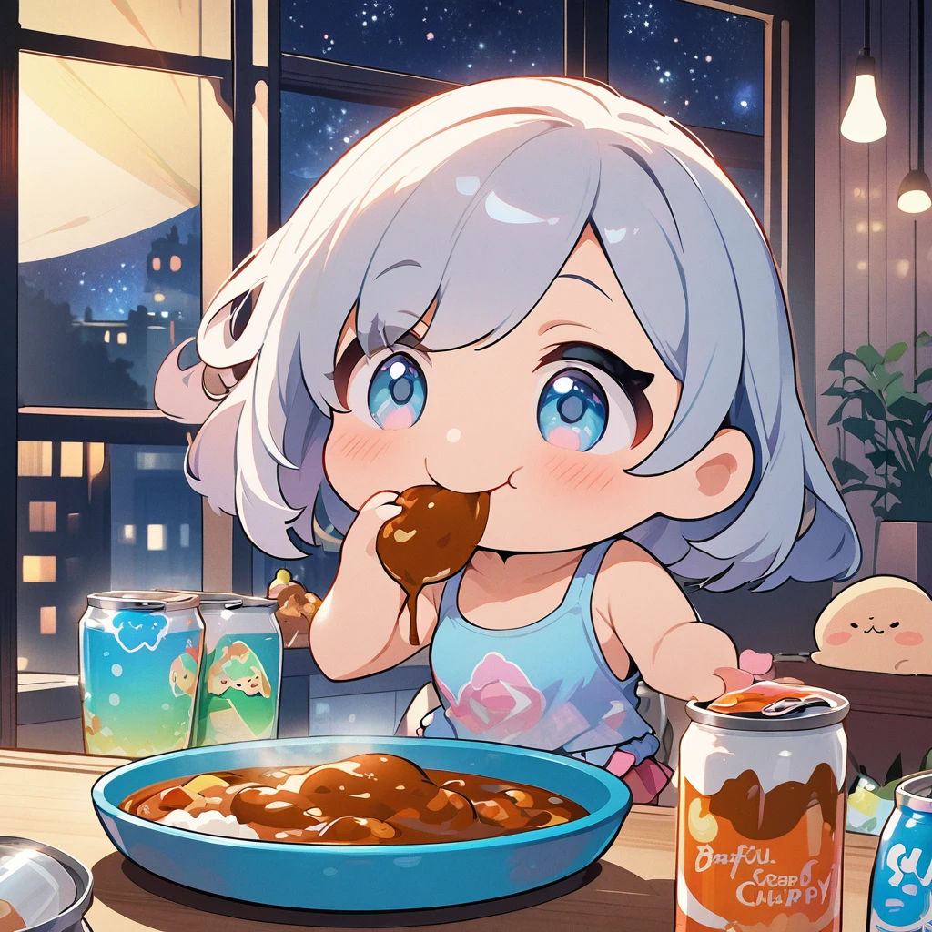 masterpiece、Highest quality、Depth of subject、２D illustration、1 beautiful girl、独奏, (((chibi style)))、((night)), ((window)), ((starry sky)), Long, beautiful hair、Shiny silver hair、cute、Beautifully detailed eyes、((Tank top))、a glass of blue soda, ((colorful))、mini skirt、((happy smile))、((Canned Chuhai)), ((close up shot))、((eating curry)), ((in the room))、((There&#39;s a lot of pink around))、Thighs、((vivid color))、sparkle、((Lens flare))、