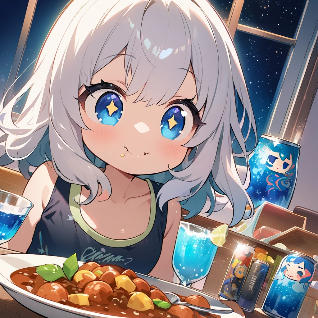 masterpiece、Highest quality、Depth of subject、２D illustration、1 beautiful girl、独奏, (((chibi style)))、((night)), ((window)), ((starry sky)), Long, beautiful hair、Shiny silver hair、cute、Beautifully detailed eyes、((Tank top))、a glass of blue soda, ((colorful))、mini skirt、((happy smile))、((Canned Chuhai)), ((close up shot))、((eating curry)), ((in the room))、((There&#39;s a lot of pink around))、Thighs、((vivid color))、sparkle、((Lens flare))、