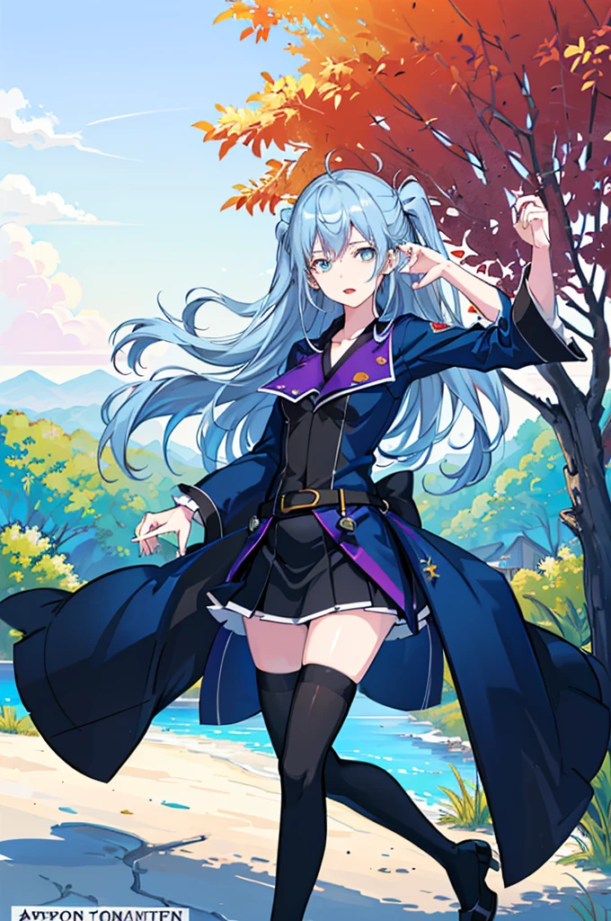 1girl, solo, outdoors, long hair, holy place, Original,(Illustration:1.1),(Best Quality),(masutepiece:1.1),(the Extremely Detailed CG Unity 8K Wallpapers:1.1), (Colorful:0.9),(mid-shot:0.95),(extremely detailed beautiful face),(Solo:1.2), (girl),(((Lori))), (Detailed beautiful eyes:1.15), (Beautiful face:1.15), (Glowing blue eyes:1.25////),(((sky blue Long Hair))),(two side up),(+perfect hand+:1.21),(Draw illustration of Japan priestess costume),(slender),(White pleated skirt),(Gothic),((black thighhighs)),(frilld),(Beautiful Slender Lolita Girl),hallowween,standing, girl,, girl,foggy place,vampire,sky blue hair,full body,whole body,