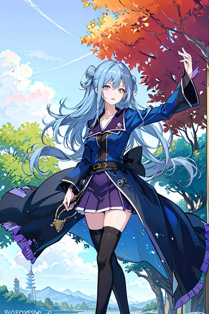 1girl,  solo, outdoors, long hair, holy place, Original,(Illustration:1.1),(Best Quality),(masutepiece:1.1),(the Extremely Detailed CG Unity 8K Wallpapers:1.1), (Colorful:0.9),(mid-shot:0.95),(extremely detailed beautiful face),(Solo:1.2), (girl),(((Lori))), (Detailed beautiful eyes:1.15), (Beautiful face:1.15), (Glowing blue eyes:1.25////),(((sky blue Long Hair))),(two side up),(+perfect hand+:1.21),(Draw illustration of Japan priestess costume),(slender),(White pleated skirt),(Gothic),((black thighhighs)),(frilld),(Beautiful Slender Lolita Girl),hallowween,standing, girl,10 years old,  girl,foggy place,vampire,sky blue hair,full body,whole body,