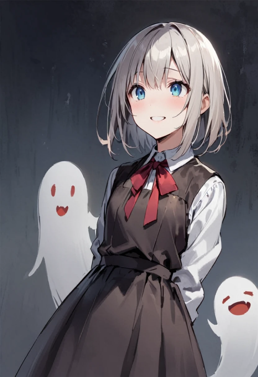 ghost、darkness、真夜中のghost屋敷の中で、Girl、Girl、Short、Younger、、Baby Face、Both eylat chest、Dynamic Angle、smile、Creepy、scared、suspicious、suspicious、Ghost