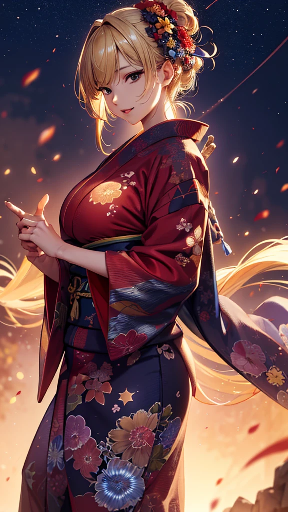 masterpiece, high quality, 4K, Beautiful design, silhouette,blonde, 非常に詳細な夜のStarry Sky,Flower Field, wonderful, Finer details, Very knowledgeable woman, Highly detailed solo, 1 female,Big Breasts,Red color yukata,Night view,Starry Sky,
