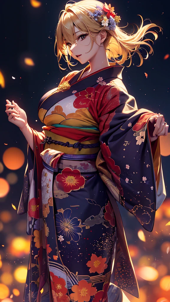 masterpiece, high quality, 4K, Beautiful design, silhouette，blonde， 非常に詳細な夜のStarry Sky,Flower Field， wonderful, Finer details,  Very knowledgeable woman, Highly detailed solo, 1 female,Big Breasts，Red color yukata，Night view，Starry Sky，