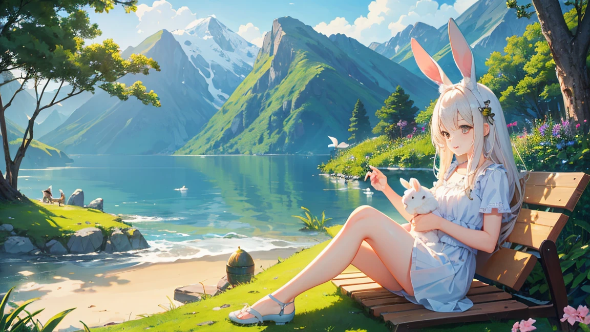 Soothing and cute natural scenery, cute rabbit image, A warm, bright and cheerful atmosphere in the background, And beautiful leisure scenery.