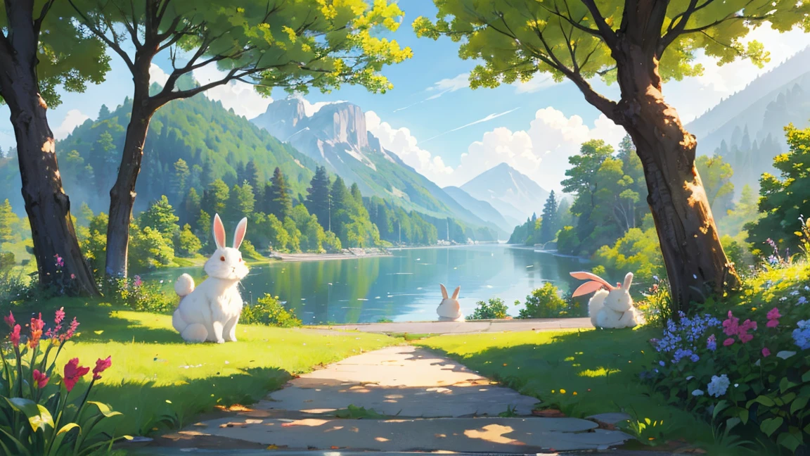 Soothing and cute natural scenery, cute rabbit image, A warm, bright and cheerful atmosphere in the background, And beautiful leisure scenery.