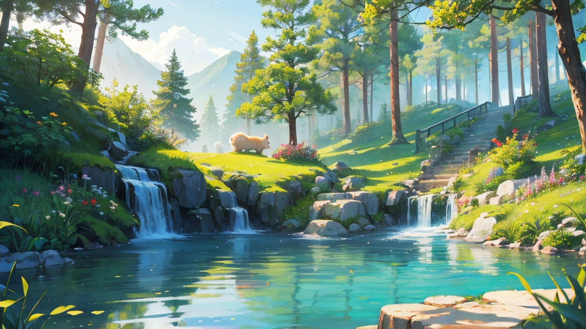 Soothing and cute natural scenery, cute rabbit image, A warm, bright and cheerful atmosphere in the background, And beautiful leisure scenery.