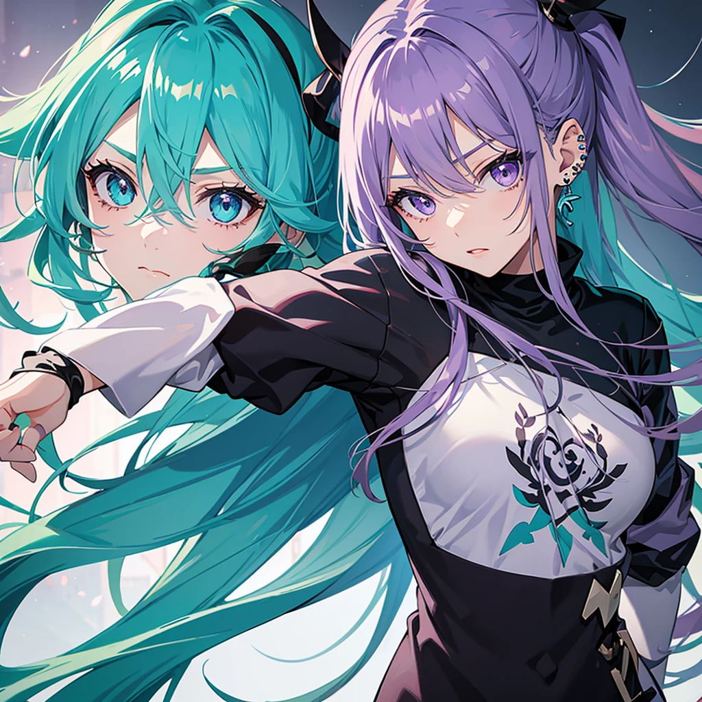 Anime panel, women intense turquoise eyes, upper body, gray wavy hair with purple highlights, serious, ear piercing, black casual outfit