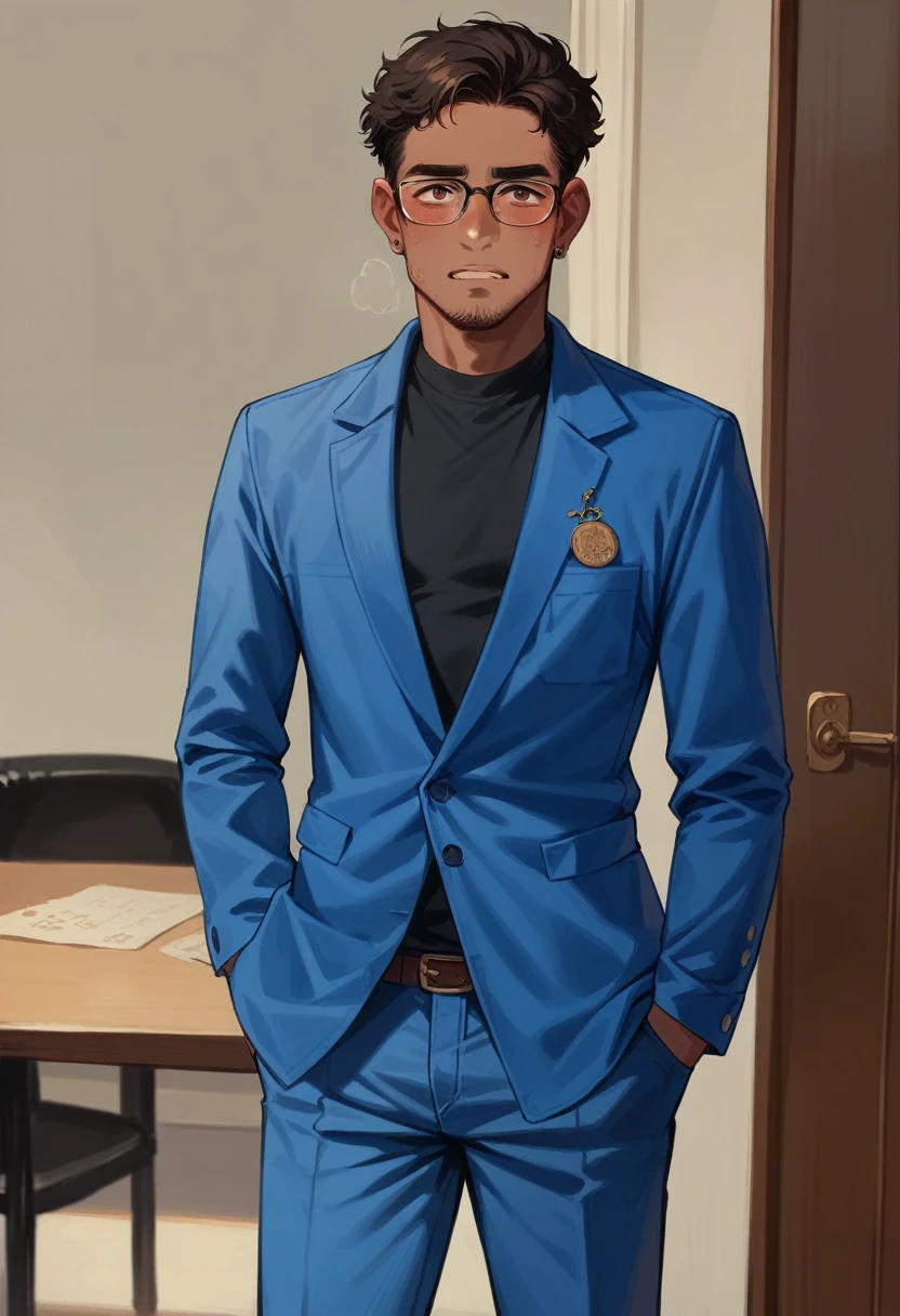 21 year old indian boy with fair skin wearing spectacles and narrow body posing for a linkedin picture in formals red light in beground