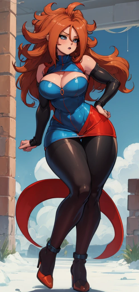 (best qualityer:1.3), android 21, ), busty, cleaveage, (chestnut hair), seductiv, rosto sensuous,  sensuous, curvy body, big-ass, (tight blue and red dress),  short dress, strong legs, strong bodie, brawny 