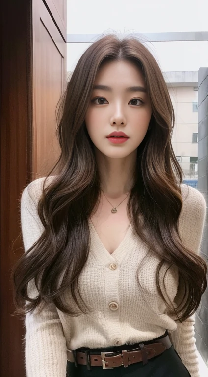 (Best quality, High resolution, Masterpiece :1.3), A tall and pretty woman, Slender abs, Dark brown hair styled in loose waves, Breasts, Wearing pendant, White button up shirt, Belt, Black skirt, (Modern architecture in background), Details exquisitely rendered in the face and skin texture, Detailed eyes, Double eyelid. Cinematic Photo of a beautiful korean fashion model. Ultra textured leather. Ultra realistic 8k. The face and body looks directly into the cfmera. shot on Cinestill 800 T. Sharp focus jn sabject, super crazy hairstyles, beautiful long hairs, crazy long hairs, super long hairs, long hair, crazy long hairs, super long hairs , Long wavy hairstyle