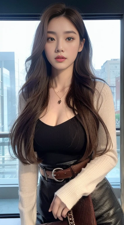 (Best quality, High resolution, Masterpiece :1.3), A tall and pretty woman, Slender abs, Dark brown hair styled in loose waves, Breasts, Wearing pendant, White button up shirt, Belt, Black skirt, (Modern architecture in background), Details exquisitely rendered in the face and skin texture, Detailed eyes, Double eyelid. Cinematic Photo of a beautiful korean fashion model. Ultra textured leather. Ultra realistic 8k. The face and body looks directly into the cfmera. shot on Cinestill 800 T. Sharp focus jn sabject, super crazy hairstyles, beautiful long hairs, crazy long hairs, super long hairs, long hair, crazy long hairs, super long hairs , Long wavy hairstyle
